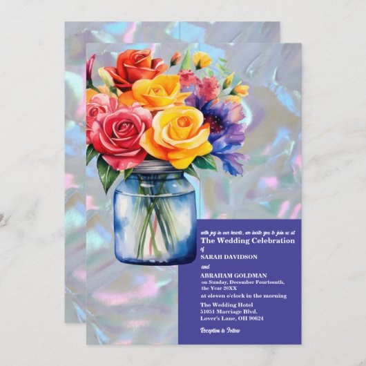 真珠フェイク虹色の結婚母 招待状 (正面/裏面)