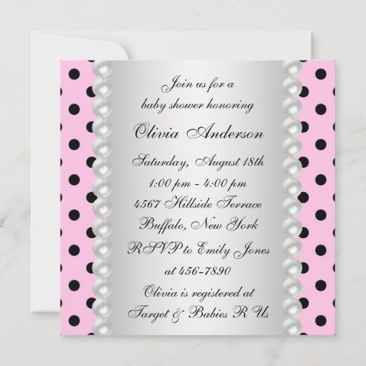 真珠ブラックピンクラディバグベビーガールシャワー 招待状 (裏面)