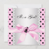 真珠ブラックピンクラディバグベビーガールシャワー 招待状 (正面)
