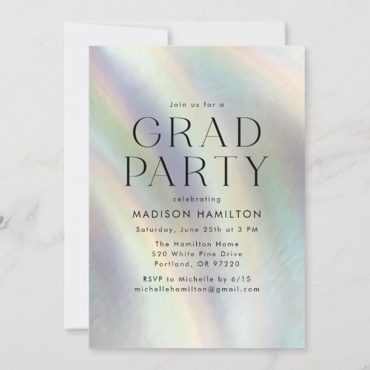 真珠ホログラフィックフォト卒業パーティーの母 招待状 (裏面)