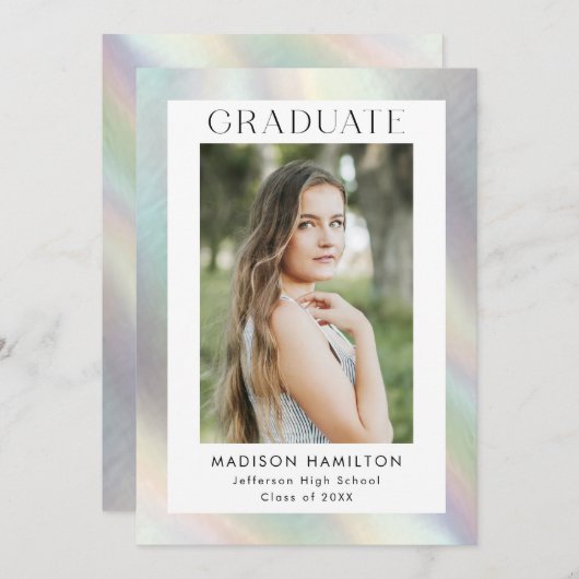 真珠ホログラフィックフォト卒業パーティーの母 招待状 (正面/裏面)