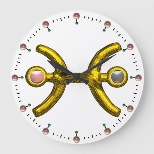 真珠付き魚鱗金ゴールド〔占星術の〕十二宮図誕生日宝石 ラージ壁時計 (正面)