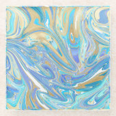 真珠光沢アクア&金ゴールドリキッドマーブル ガラスコースター (正面)