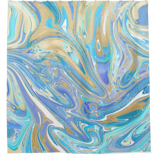 真珠光沢アクア&金ゴールドリキッドマーブル シャワーカーテン (正面)