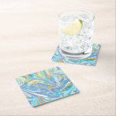 真珠光沢アクア&金ゴールドリキッドマーブル スクエアペーパーコースター (インサイチュ)