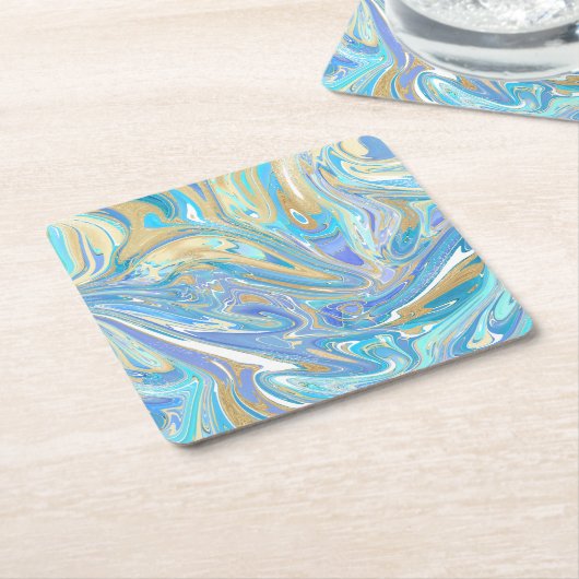真珠光沢アクア&金ゴールドリキッドマーブル スクエアペーパーコースター (アングル)