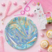 真珠光沢アクア&金ゴールドリキッドマーブル ペーパープレート (パーティー)