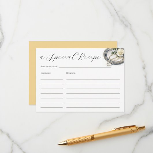 真珠及びバラブライダルシャワーレシピ エンクロージャーカード (正面/裏面インサイチュ)