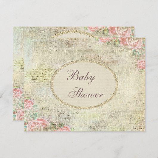真珠及びレースのぼろぼろのシックなバラのベビーシャワー 招待状 (正面/裏面)