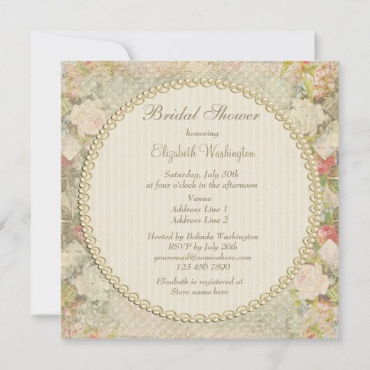 真珠及びレースのぼろぼろの上品の花のブライダルシャワー 招待状 (裏面)