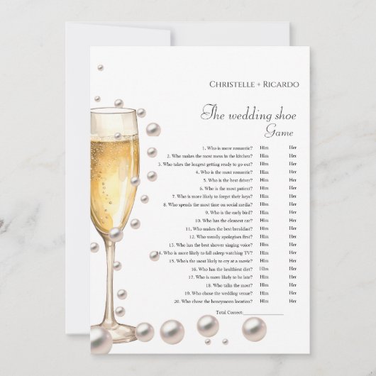 真珠結婚のシューゲームブライダルシャワーゲームカード 案内状 (正面)