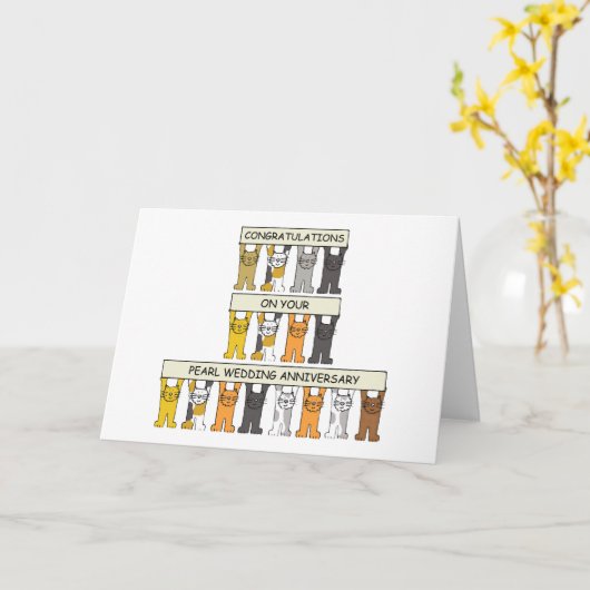 真珠結婚周年記念30年の猫漫画 カード (黄色い花)