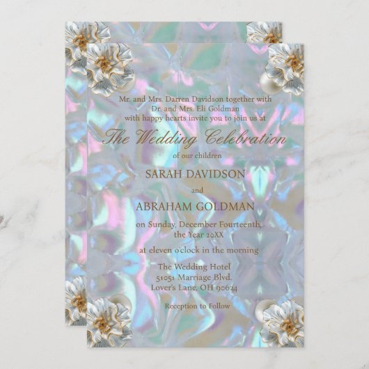 真珠虹彩色のエレガントな結婚式の母 招待状 (正面/裏面)