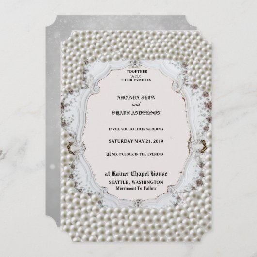 真珠装飾付き結婚式招待状カード 招待状 (正面/裏面)