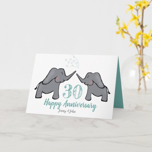 真珠賞結婚30周年のかわいい象カード カード (黄色い花)