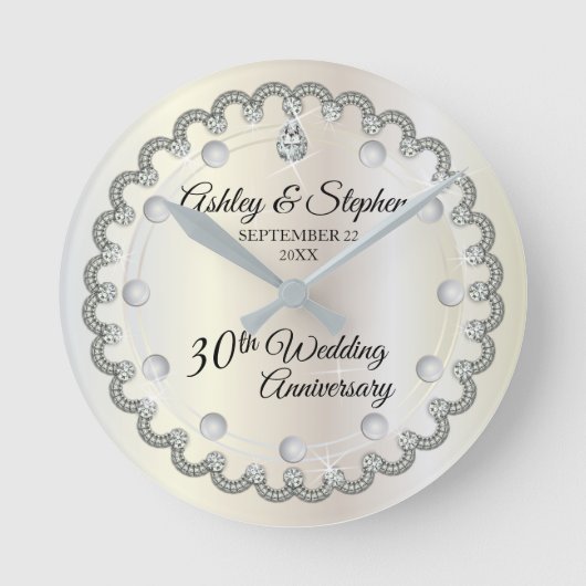 真珠・ダイヤモンド結婚30周年 ラウンド壁時計 (正面)