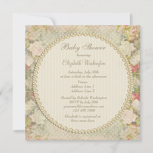 真珠&レースみすぼらしいシックフラワーベビーシャワー 招待状 (裏面)