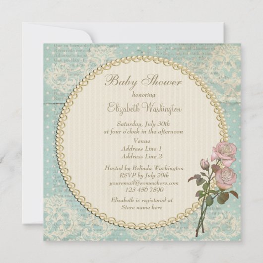 真珠&レースシャビーシックバラベビーシャワー 招待状 (裏面)