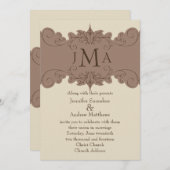 真珠、茶色のヴィンテージ渦結婚式招待状 招待状 (正面/裏面)