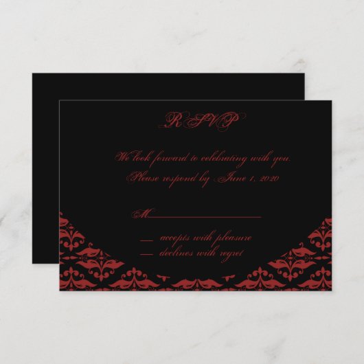 真紅と黒のダマスク・ゴシック応答カード 招待状 (正面/裏面)
