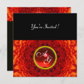 真紅のダリア、ルビーのイニシャル、輝くブラック 招待状 (正面/裏面)