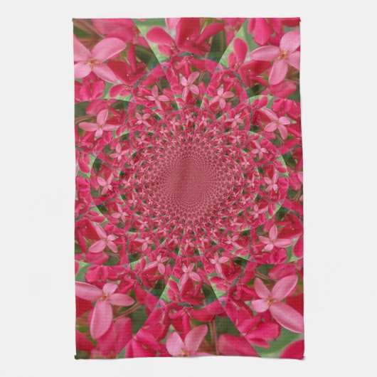 真紅の万華鏡: 血のような乳草の花のアート キッチンタオル (縦)