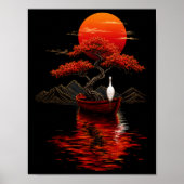 真紅の夕焼けの盆栽 – 日本の禅の風景 ポスター (正面)