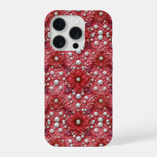 真紅の花とパールの華麗な咲き誇り✨ エレガントな赤い花 iPhone 15 PROケース