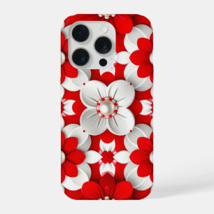 真紅の花咲くパールラグジュアリー✨鮮やかな赤と白の花柄 iPhone 15 PROケース