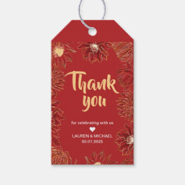 真紅の蓮の花と睡蓮の花のオリエンタル フラワー ウェディング ギフトタグ