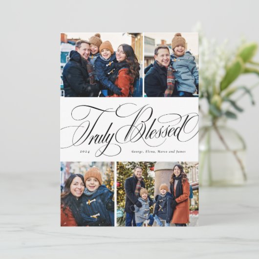 真賛美に4枚の写真エレガント宗教的なクリスマス シーズンカード (スタンド正面)