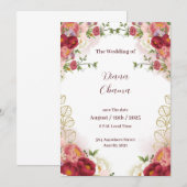 真赤なゴールドの水彩花柄の結婚式の日程お知らせ招待状 招待状 (正面/裏面)