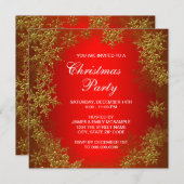 真赤なゴールドの雪の結晶のクリスマスパーティー 招待状 (正面/裏面)