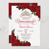 真赤なバラと金のティアラ エレガントなキンセアニエラ 招待状 (正面/裏面)