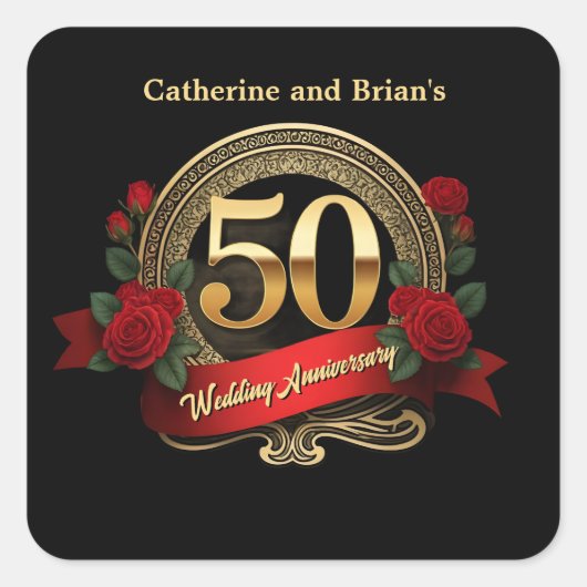 真赤なバラのゴールド50周年結婚記念日 スクエアシール (正面)