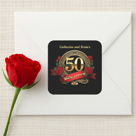 真赤なバラのゴールド 50周年結婚記念日 スクエアシール