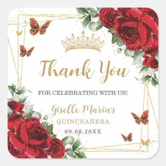 真赤なバラの花と蝶のクイーンセアニエラ スイート16 スクエアシール (正面)