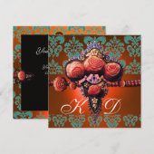 真赤な珊瑚のバラ、オレンジ、青、黒のダマスクのイニシャル 招待状 (正面/裏面)