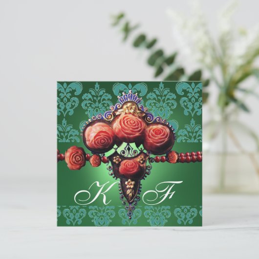 真赤な珊瑚のバラ、緑青黒のダマスクのモノグラム 招待状 (スタンド正面)