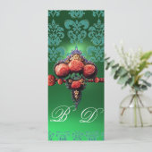 真赤な珊瑚のバラ、青緑黒のダマスク柄のモノグラム 招待状 (スタンド正面)