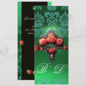 真赤な珊瑚のバラ、青緑黒のダマスク柄のモノグラム 招待状 (正面/裏面)