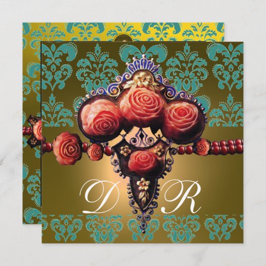 真赤な珊瑚のバラ、黒と緑と黄色のダマスクのモノグラム 招待状 (正面/裏面)