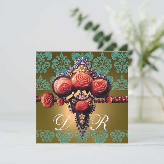 真赤な珊瑚のバラ、黒と緑と黄色のダマスクのモノグラム 招待状 (スタンド正面)