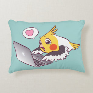 真面目なcockatielのかわいい引くMacbookの鳥のオウム アクセントクッション