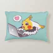 真面目なcockatielのかわいい引くMacbookの鳥のオウム アクセントクッション (裏面)