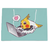 真面目なcockatielのかわいい引くMacbookの鳥のオウム ラージペーパーバッグ (正面)