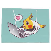 真面目なcockatielのかわいい引くMacbookの鳥のオウム ラージペーパーバッグ (裏面)