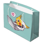 真面目なcockatielのかわいい引くMacbookの鳥のオウム ラージペーパーバッグ (裏面アングル)