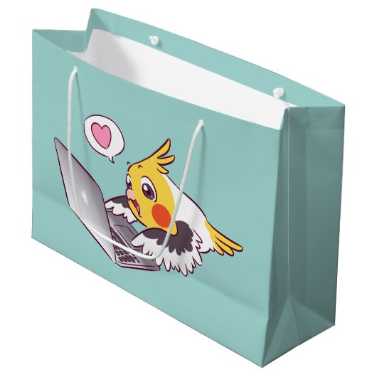 真面目なcockatielのかわいい引くMacbookの鳥のオウム ラージペーパーバッグ (正面アングル)