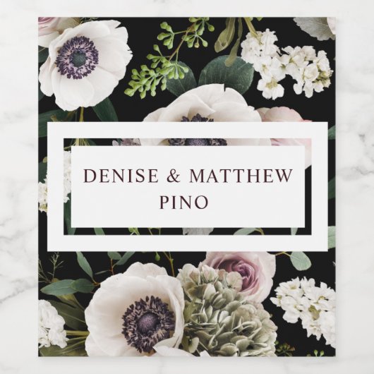 真黒背景の白いアネモネ ワインラベル (シングルラベル)